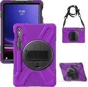 [SLLMYYX] Case for Samsung Galaxy Tab S10 FE/Tab S9 FE/Tab S9, 360 Rotating Hand Strap Shockproof Protective Cover with Shoulder Strap, Purple