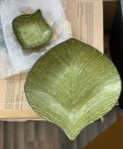 Princess House Large Leaf Platter & Small Bowl Green Glass Chip Dip Set 1488 NEW