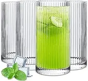 Drinking Glasses, Highball Glasses, Ribbed Glassware, Coffee Mug, Drinking Cups for Water, Coffee, Cocktail, Beer, Juice (12 oz), Set of 4