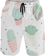 [GuoChe] Men's Beach Shorts Cute Summer Theme Green Cacti Quick Dry Swimwear Beach Swim Shorts Pants with Mesh Lining