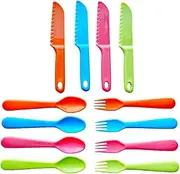 Jawbush 12Pcs Kids Cutlery Set, Plastic Toddler Utensils Forks and Spoons with Serrated Nylon Knives for School Lunch Box or Travel with Bright Colors, Reusable Kids Silverware Set also for Adults