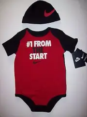Nike Bodysuit Cap 2pc Set Sz 9-12 Mos Gym Red Blk Swoosh #1 From the Start NWT