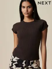 Chocolate Brown Raglan Short Sleeve Textured Top (W53846) | $34