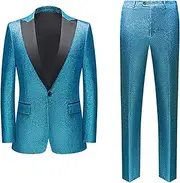 [JEShifangjiusu] Men's Two Piece Tuxedo Dress Suit with Trousers, One Button, Pointed Lapel for Club Party, Blue, 3XL
