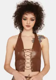 Mocha Cyber Sexy Lace-Up Halter Top