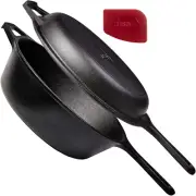 Cast Iron Skillet + Lid - 2-In-1 Multi Cooker - Deep Pot + Frying Pan - 3-Qt Dut