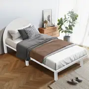 King Single Wooden Bed Frame Solid Pine Wooden Base Platform Bed Round Bedhead White