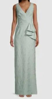 $595 Aidan Mattox Women's Green V-Neck Jacquard Column Gown Dress Size 2