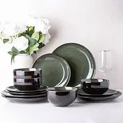 LeRatio Dinner Set for 4, 12 Piece Stoneware Plates and Bowls Set, Chip & Scratch Resistant Reactive Glazed Dinnerware Set, Dishwasher & Microwave Safe Crockery Set (Jade Green, Service for 4)