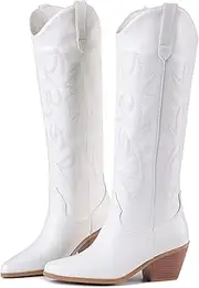 [Ojiaoer] Women's Embroidered Western Cowboy Boots, Fashionable Pull-On Almond Shaped Pointed Toe Knee Boots