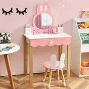 HONEY JOY Kids Vanity Table & Chair Set, Makeup Dressing Table w/Detachable Top, Drawer & Storage Boxes, Vanity Set Writing Desk w/Rabbit Mirror, Cute Appearance Suitable for Bedroom Playroom