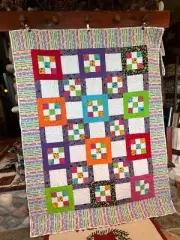 Nine Patch Teal Purple, Orange Yellow Lime Bright Colors Machine Quilted NEW