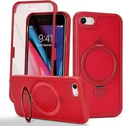 Cavor for iPhone SE 2020/ SE 2022/7/ 8 Case Built-in Screen Protector Magnetic Invisible Kickstand Compatible with MagSafe Cover 360° Full Body Protective Frosted Matte Phone Cases-Stand Red