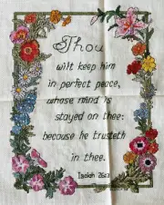 Finished Cross Stitch Wall Art Floral w/ Bible Verse Isaiah 26:3 Ready to Frame