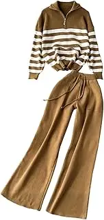 [Generic] Women's Striped Knitted Zipper Pullover Tops Elastic High Waist Wide Leg Pants Tracksuis Vintage Dressy Lounge Sets