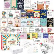 Birthday Card, 160 Pack 40 Designs Happy Birthday Card Assorted Bulk with 160 Blank Envelopes 168 Pieces of Stickers 6 Washi Tapes, Feela 4 X 6 Inches Greeting Cards for Girls Family Friends
