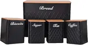 HOCHSTE Kitchen Tea Coffee Biscuit Sugar Canisters Storage Set with Airtight Bamboo Lids Jars Tins along with X- Large Bread Bin Square Jar Black 24 cm High, 5 pieces set