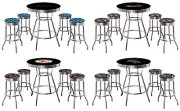 MLB 5PC Set Black Chrome Bar Table Team Logo Decal Fabric Seats Glass Top Option