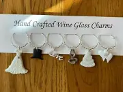 "WHITE WEDDING" (SET #2) SET OF 6 HAND CRAFTED WINE GLASS CHARMS