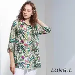 【LUNG.L 林佳樺】LP47A綠色棉質白底印花長版七分袖襯衫(春夏新品 女裝 加大尺碼)