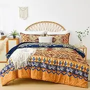 WONGS BEDDING Bohemian Comforter Set Queen Size,Orange Floral Pattern Bedding Comforter Set,3 Pieces Lightweight Microfiber Bedding Set for All Season(90"x90")