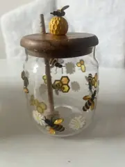 Handpainted Glass Honey Jar/Dipper "Jeweled" Bee Wings Raised Painted Daisies