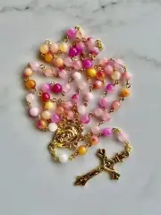 Hot Pink Jade Crystal Stone Glass Bead Holy Rosary for Catholic Pray Church Gift