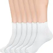 [Ptwola] 6 Pairs Women Ruffle Socks Cute Ankle Boot Frilly Socks White Soft Knit Cotton Crew Dress Sock Lettuce Trim Stockings for Teen Women Elastic Slouchy One Size Boot Leather Shoes, White