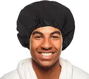 Qinayu Shower Cap for Men Elastic Adjustable Black Bath Cap Waterproof Terry Lining Hair Bonnet Large Soft Reusable Hair Cap Checkered Patter Hem Hair Double Layer Hat Cover for Bath(Black)