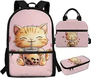 [FOR U DESIGNS] 3 Piece Adorable Cat Backpack Set for Girls with Lunch Box 17 Inch School Bag for Kindergarten Bookbag 8-12