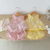 在飛比找蝦皮購物優惠-【0-3歲】女寶寶夏裝超萌可愛套裝嬰兒甜美背心上衣洋氣公主花