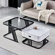 Coffee Table, Modern Nesting Coffee Tea Table, Slate Square Top with Sturdy Steel Frame Side Table Cocktail Table with Drawer for Living Room Reception Room Office,D