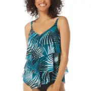 Coco Reef Women's Tankini Top Green V Neck Pullover Tiered Palm Leaf Size 34D