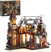 Funwhole Train-Station Building Set with LED Lights - Construction Steampunk Train Station Building Model Set 1843 PCS for Teen and Adults with LED Lighting Kit