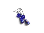 Blue Flower Millefiori Glass Teardrop Earrings, Handmade with Vintage Beads