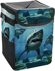 Car Trash Can with Lid and Storage Pockets Leak-Proof Organizer,Waterproof Garbage Can,Angry Shark in Forest Ocean