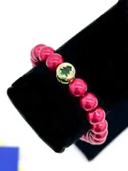 Christmas Tree Pearl Bracelet Gold Plated, Green CZ Tree, & 8mm Red Glass Pearl