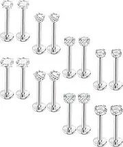 [Kakonia] Tragus Earrings Nose Studs 16PCS 16G Monroe Lip Rings Labret Piercing With 3/4mm CZ Surgical Steel Cartilage Tragus Helix Piercing Stud Jewelry 6mm 8mm 10mm Flat Back Earrings