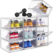 Large 10 Pack Shoe Storage Box, Transparent Hard Plastic Sneaker Case with Magnetic Acrylic Door, Thick and Sturdy, Foldable Sneaker Container Bin Holder,Fit up to US Size 12(13.4”x 10.6”x 7.4”)