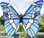 14" Tiffany Style Stained Glass Window Panel Suncatcher Silver Studded Butterfl