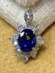 14K White Gold Over 3CT Oval Cut Blue Sapphire Floral Shape Jewelry Pendant