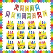Happy Birthday Bulletin Board Set for Classroom Colorful Crayon Box Cutouts Decoration Preschool Classroom Decor Birthday Chart for Back to School Name Tags for Wall Decors Bulletin