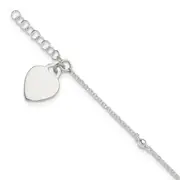 Sterling Silver Polished Bead And Heart 9In Plus 1In Ext. Anklet