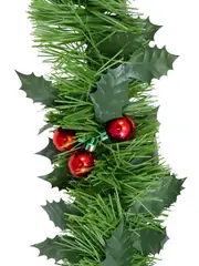 Holly Leaf & Red Metallic Berry Clusters Pine Christmas Tinsel Garland - 5m
