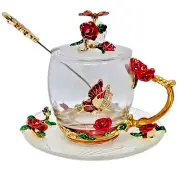 Short Glass Teacup Set w/ Lid, Spoon & Saucer – Butterfly & Floral Accents – New