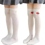 [mexine] Knee socks, 2 pairs of children's tube socks, girls' hollow out non slip knitted socks, bear pattern and strawberry pattern., White, 8 Years