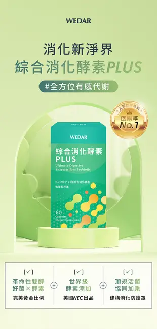 WEDAR 綜合消化酵素PLUS (60顆/盒) ，高單位活性酵素+複方專利益生菌，輕鬆做好體內美容 (5.2折)