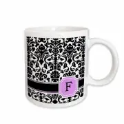 3dRose Personal initial F monogrammed pink black and white damask pattern girly