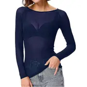 Women See-through Long Sleeve Seamless Arm Shaper Top Mesh Shirt Blouse Blue L