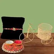 [archies] Rakhi for Brother Rakshabandhan Combo of 1 Desktop Multi use Cycle Pen Holder Metal Decor, 1 Auspicious Om Rakhi with 1 Roli & Chawal Set-10gm & Greeting Card (Pack of 4) for Bhaiya|Bro|Bhai